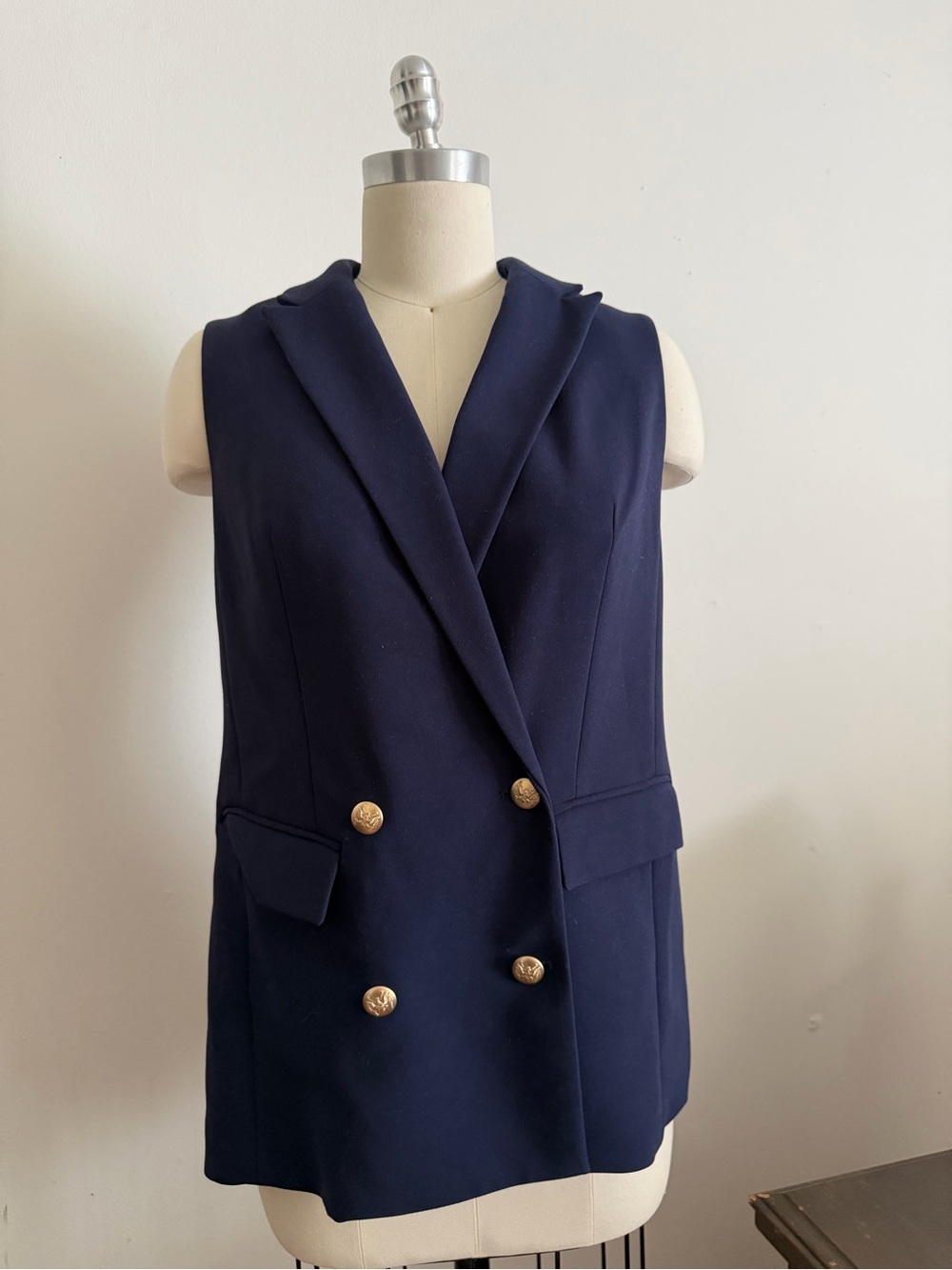 The Limited Navy Double-Breasted Sleeveless Blazer Vest with Gold Buttons